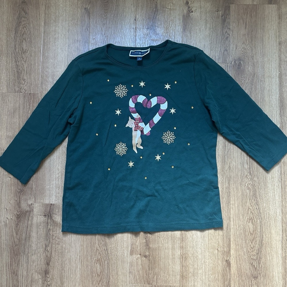 Karen Scott Dark Green 100%‎ Cotton Cat Candy Cane Gold Star Christmas Shirt